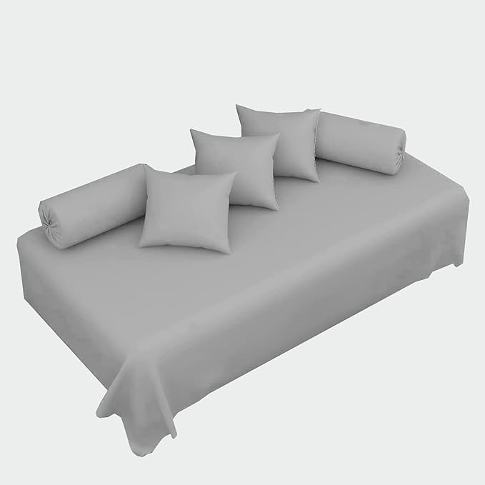 100% Cotton 6-Piece Diwan Set | Single Bedsheet with 5 Cushion Covers & 2 Bolster Covers - Light Grey