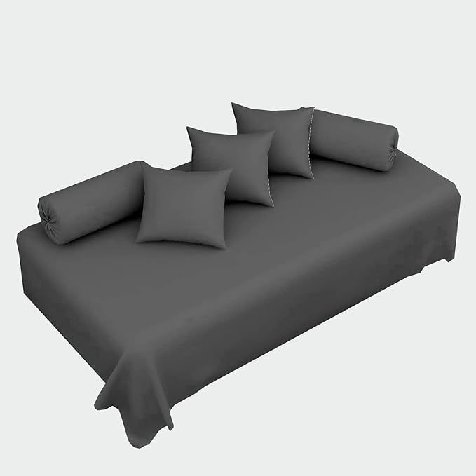 100% Cotton 6-Piece Diwan Set | Single Bedsheet with 5 Cushion Covers & 2 Bolster Covers - Dark Grey