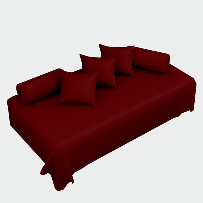 100% Microfiber 6 Pieces Diwan Set - Single bedsheet, 3 Cushions Covers and 2 Bolster Covers ( Diwan Sheet-60 X 90 Inches, Cushion Cover-16 X 16 Inches, Bolster Cover-16 X 32 Inches) (Burgundy)