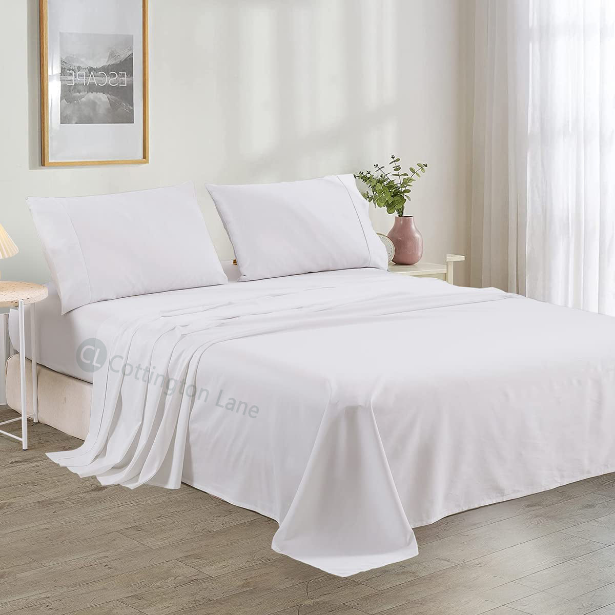 Luxury Microfiber 4-Piece Bedsheet Set | Soft & Breathable | Flat Sheet, Fitted Sheet (10" Deep) & 2 Pillow Covers (White)