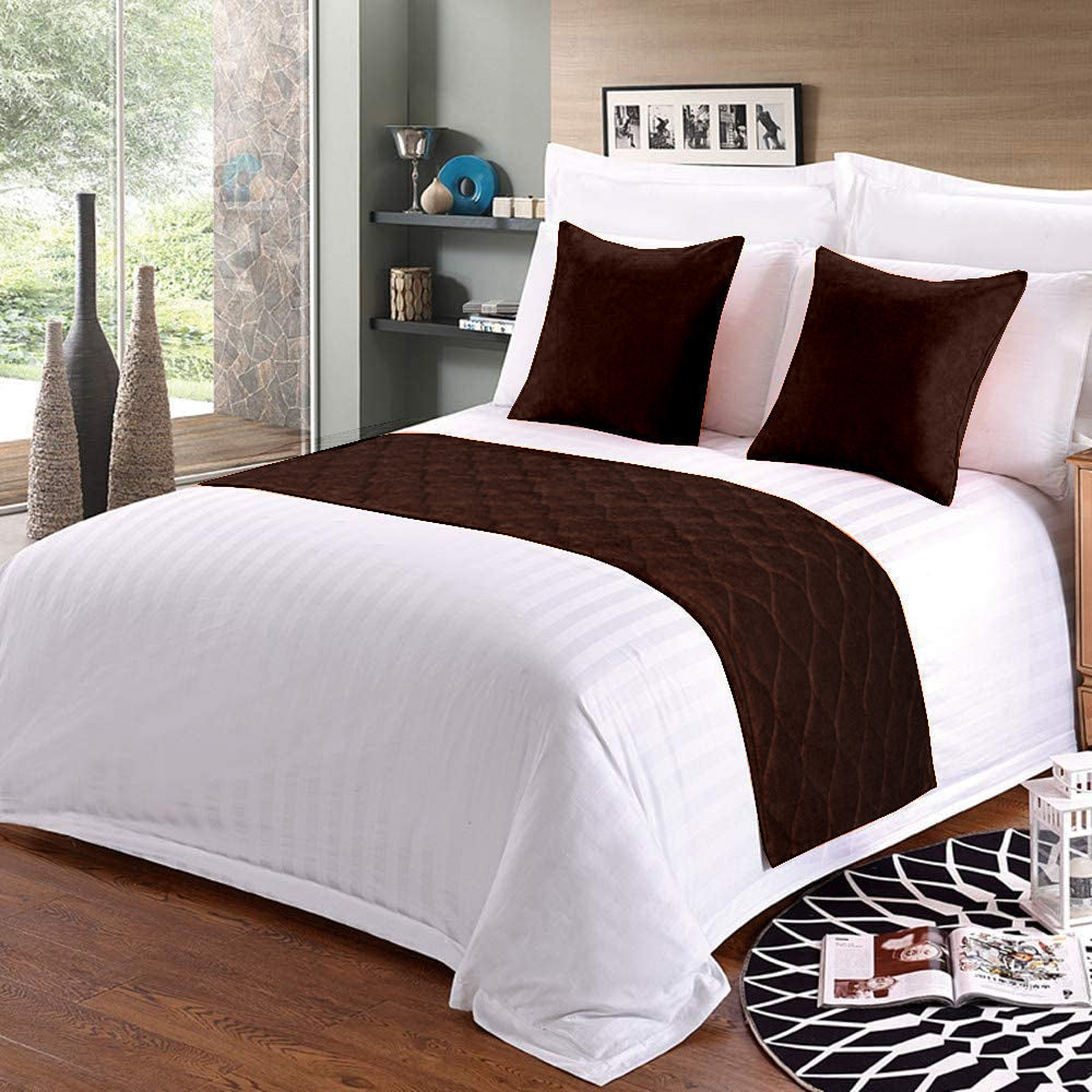 100% Microfiber Bed Runner with 2 Matching Cushion Covers | Decorative Bed Scarf & Protector Slipcover for Bedrooms, Hotels & Guest Rooms - Chocolate