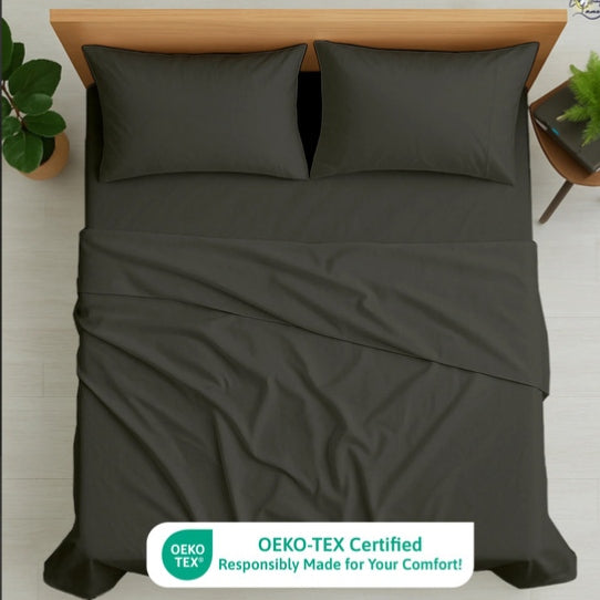 Premium 100% Cotton 4-Piece Bed Sheet Set | 400 TC | Flat Sheet, Elastic Fitted Sheet & 2 Pillow Covers | 10-Inch Deep Pocket (Dark Grey)