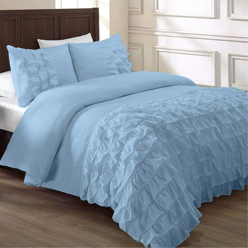 Cotton Waterfall Duvet Cover Set | Silky Soft Sateen Weave | Breathable Long Staple Cotton Bedding with Zipper Closure | 3-Piece Set (1 Duvet Cover + 2 Pillowcases) Light Blue