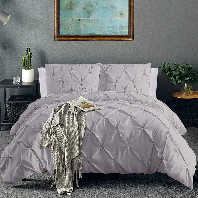 Cotton Pinch Pleated Duvet Cover Set | Silky Soft Sateen Weave | Breathable Long Staple Cotton Bedding with Zipper Closure | 3-Piece Set (1 Duvet Cover + 2 Pillowcases) Light Grey
