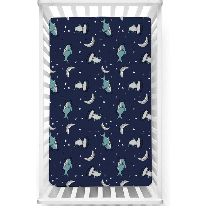 Fitted Cot Crib Sheet | Microfiber Bed Sheets for Newborn Baby Crib Mattress | Deep Pocket All Round Elastic Fitted Crib Sheet for Baby (Moonlight Shark)