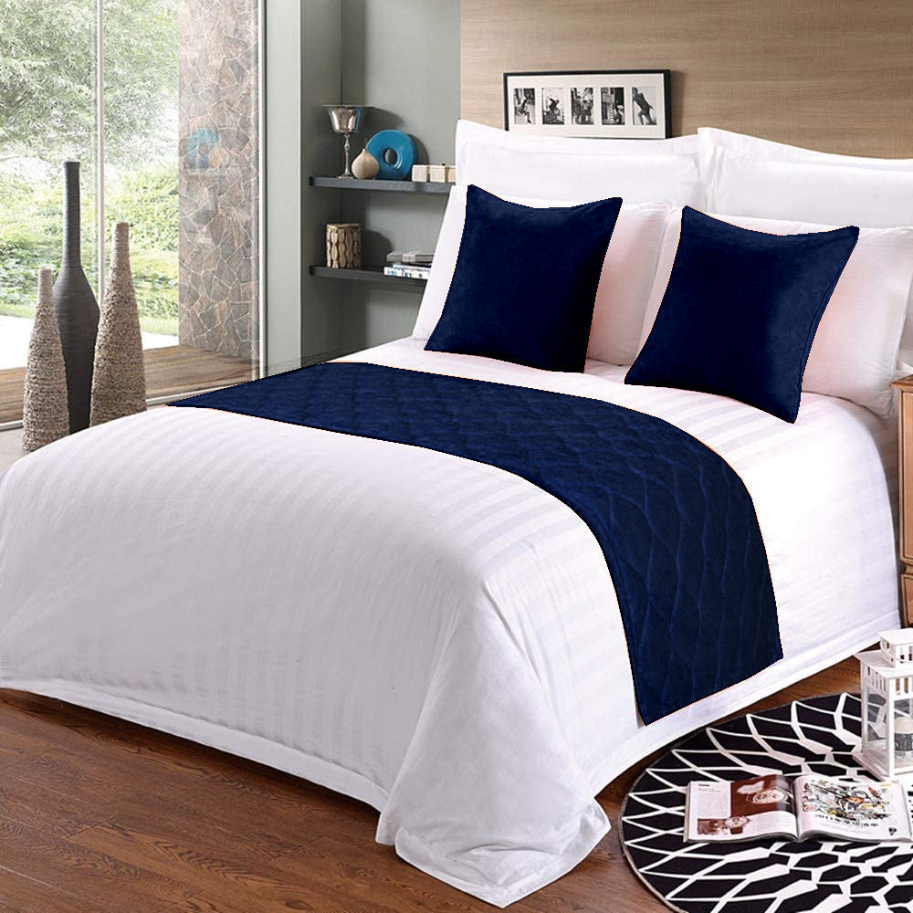 100% Microfiber Bed Runner with 2 Matching Cushion Covers | Decorative Bed Scarf & Protector Slipcover for Bedrooms, Hotels & Guest Rooms - Navy Blue