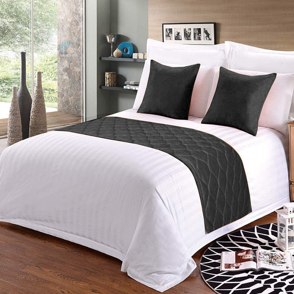 100% Microfiber Bed Runner with 2 Matching Cushion Covers | Decorative Bed Scarf & Protector Slipcover for Bedrooms, Hotels & Guest Rooms - Dark Grey