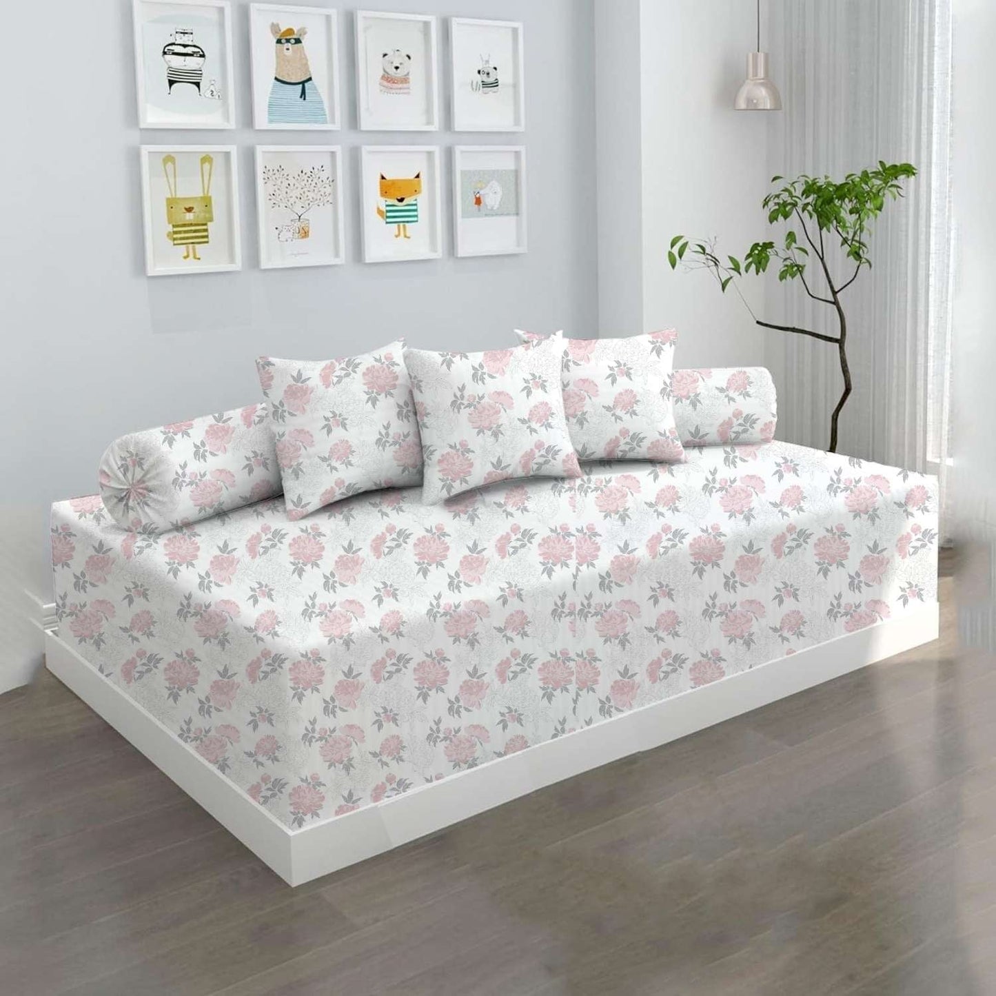100% Microfiber 6 Pieces Diwan Set - Single bedsheet, 3 Cushions Covers and 2 Bolster Covers ( Diwan Sheet-60 X 90 Inches, Cushion Cover-16 X 16 Inches, Bolster Cover-16 X 32 Inches) (Pink Petals Print)