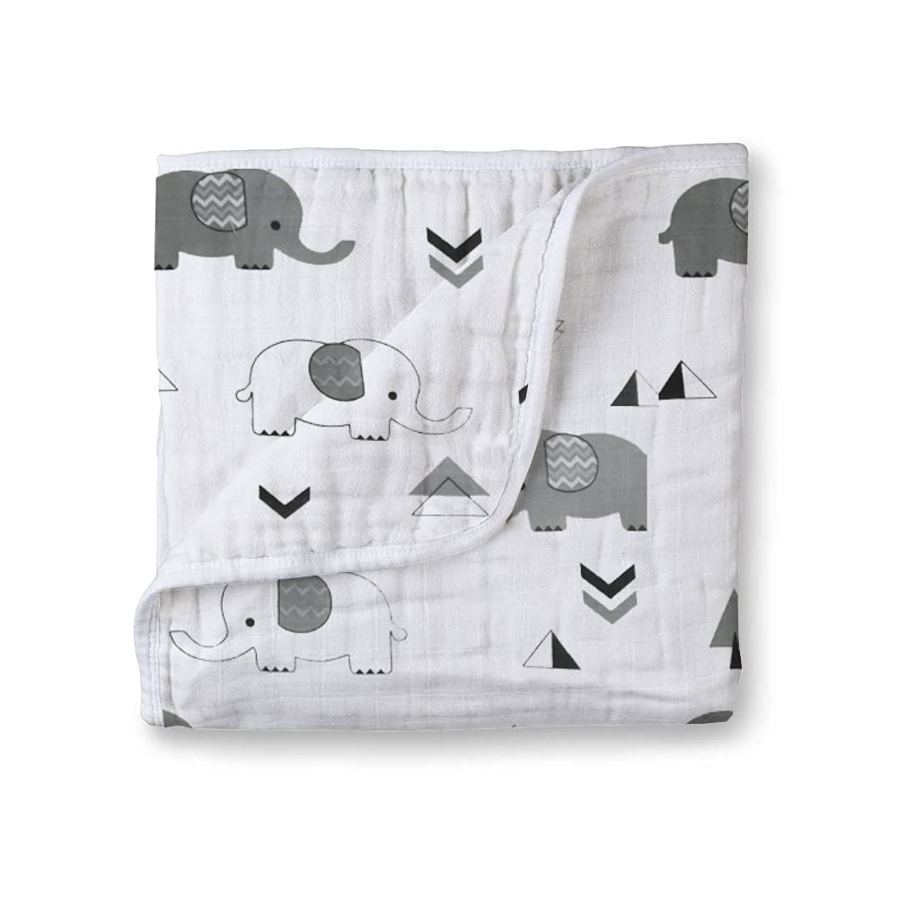 Muslin Cotton 4-Layer Baby Quilt / Dream Blanket | Lightweight Nursery & Crib Blanket for Newborn to 5 Years | For Boys & Girls | 45 x 45 Inch | Baby Shower Gift | Elephant