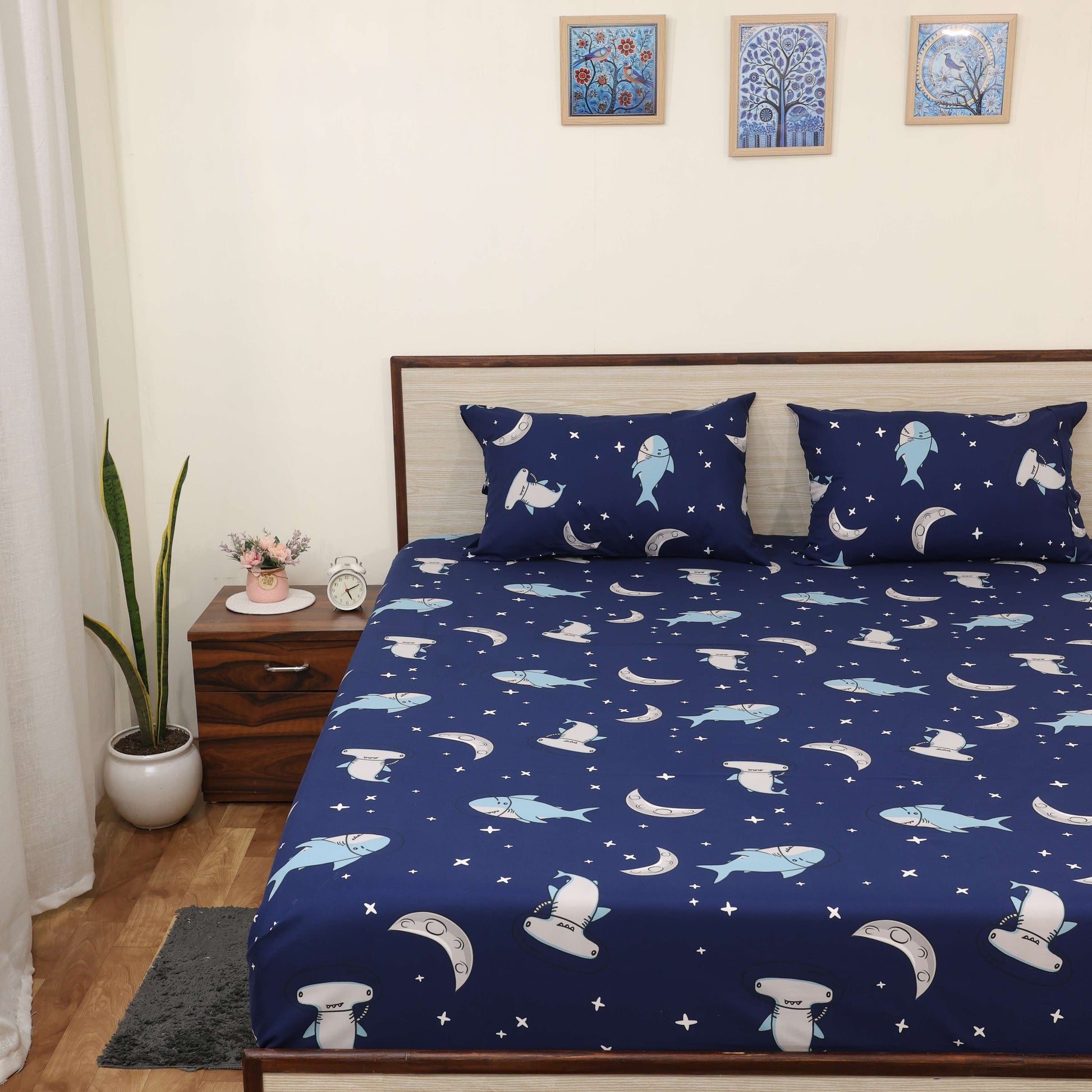 Super Soft Microfiber Fitted Bedsheet | All-Round Elastic | 10-Inch Deep Pocket | Fade, Stain & Wrinkle Resistant | 2 Pillow Covers (Moonlight Shark Print)