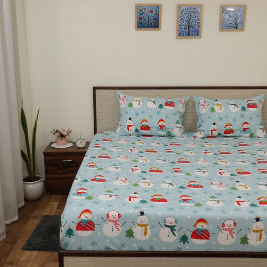 Soft & Breathable Microfiber Flat Bedsheet (Chadar) with 2 Pillow Cases | Fade Resistant & Wrinkle-Free (Starry Snowmen Print)