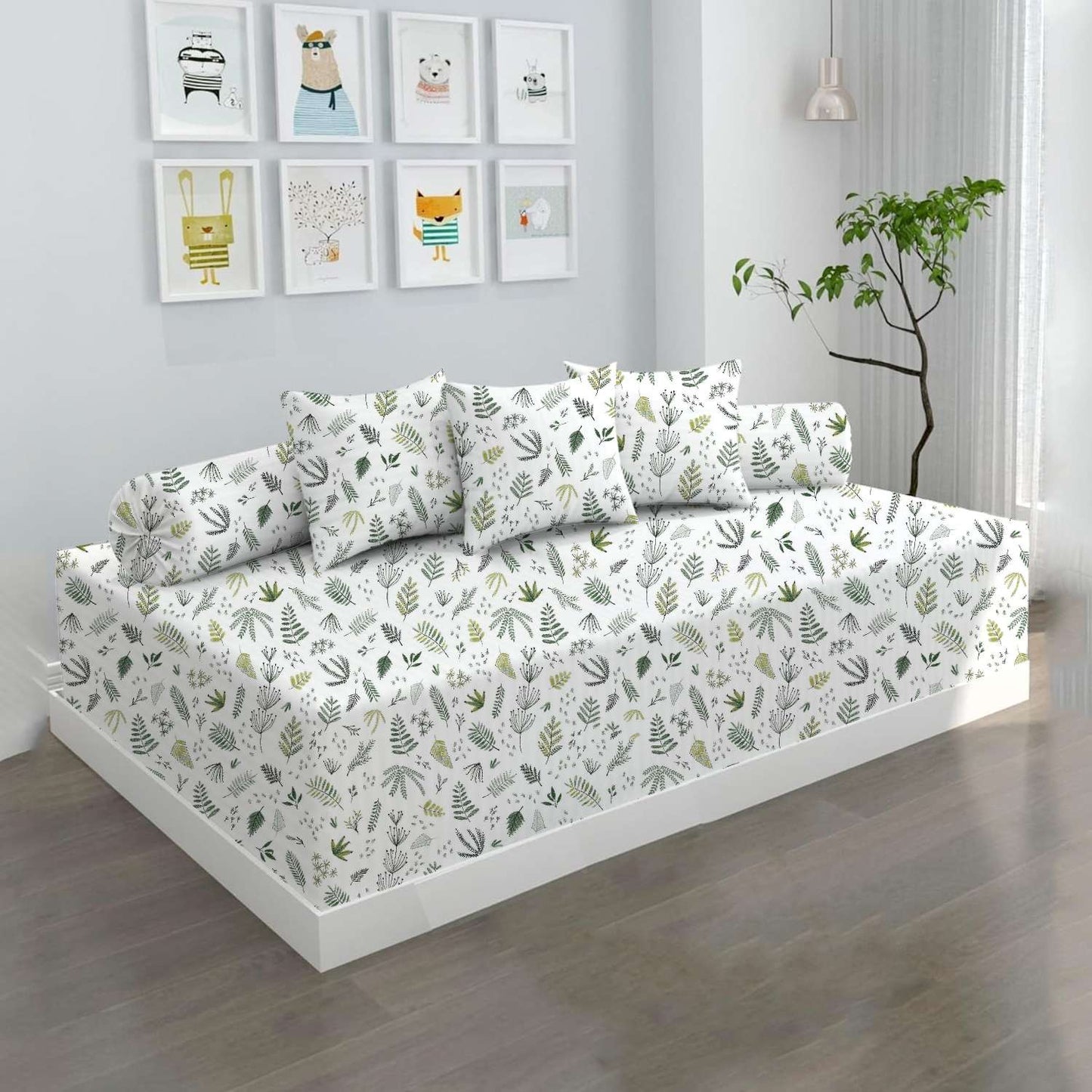 100% Microfiber 6 Pieces Diwan Set - Single bedsheet, 3 Cushions Covers and 2 Bolster Covers ( Diwan Sheet-60 X 90 Inches, Cushion Cover-16 X 16 Inches, Bolster Cover-16 X 32 Inches) (Leafy Tranquil Print)