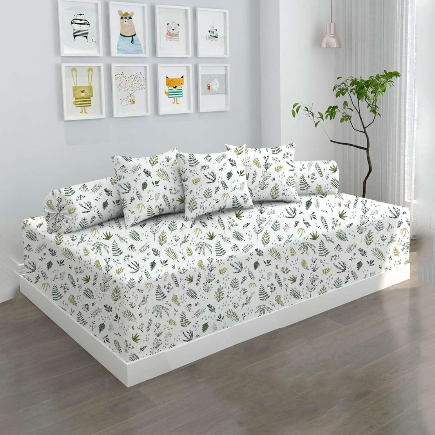 100% Microfiber 6 Pieces Diwan Set - Single bedsheet, 3 Cushions Covers and 2 Bolster Covers ( Diwan Sheet-60 X 90 Inches, Cushion Cover-16 X 16 Inches, Bolster Cover-16 X 32 Inches) (Leafy Tranquil Print)