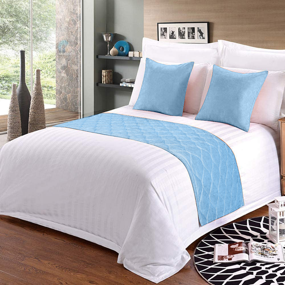 100% Microfiber Bed Runner with 2 Matching Cushion Covers | Decorative Bed Scarf & Protector Slipcover for Bedrooms, Hotels & Guest Rooms - Light Blue