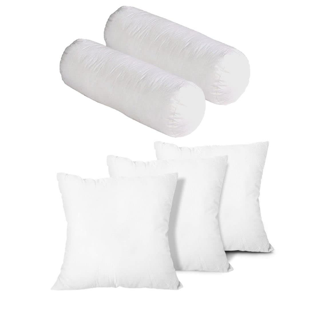 Microfiber Filled Cusions  and Bolster Set for Sleeping - Cusion/Bolster Set of 5 for Bed Room - Super Soft Cusion Fillers for Back, Side, and Stomach Sleepers - White