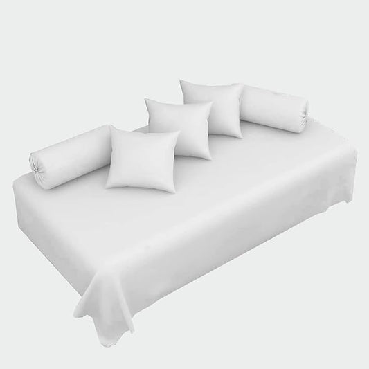 100% Cotton 6-Piece Diwan Set | Single Bedsheet with 5 Cushion Covers & 2 Bolster Covers - White