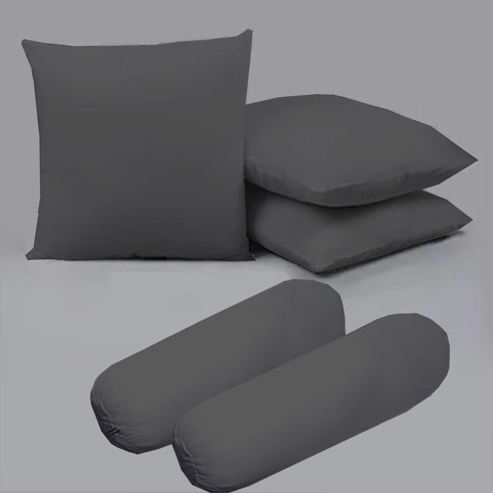 Microfiber Filled Cusions  and Bolster Set for Sleeping - Cusion/Bolster Set of 5 for Bed Room - Super Soft Cusion Fillers for Back, Side, and Stomach Sleepers - Dark Grey