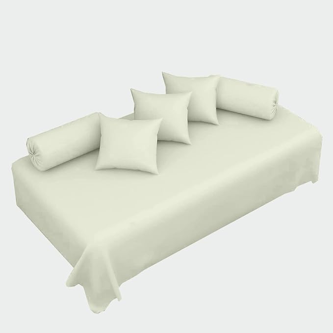 100% Cotton 6-Piece Diwan Set | Single Bedsheet with 5 Cushion Covers & 2 Bolster Covers - Ivory