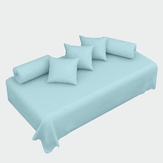 100% Cotton 6-Piece Diwan Set | Single Bedsheet with 5 Cushion Covers & 2 Bolster Covers - Light Blue