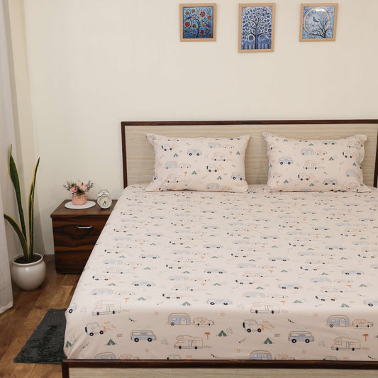 Super Soft Microfiber Fitted Bedsheet | All-Round Elastic | 10-Inch Deep Pocket | Fade, Stain & Wrinkle Resistant | 2 Pillow Covers (Old Truck Farm Print)