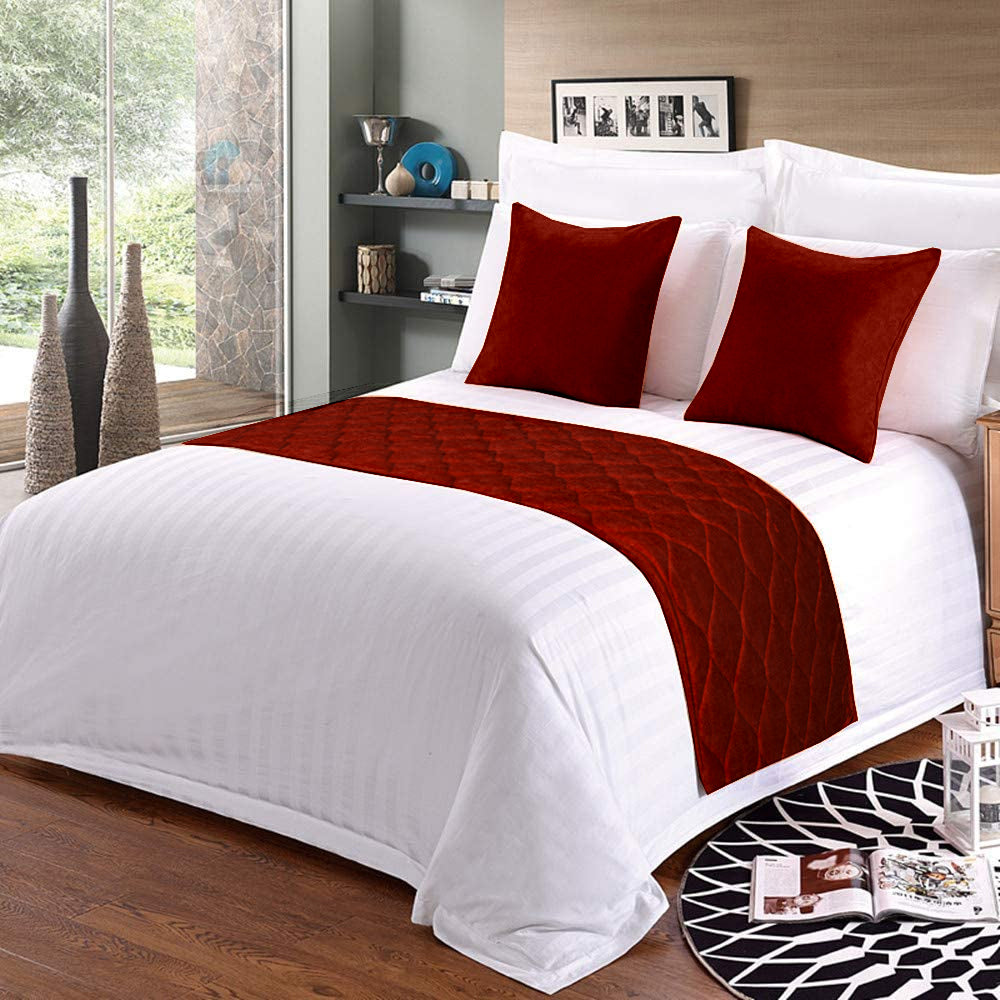 100% Microfiber Bed Runner with 2 Matching Cushion Covers | Decorative Bed Scarf & Protector Slipcover for Bedrooms, Hotels & Guest Rooms - Burgundy