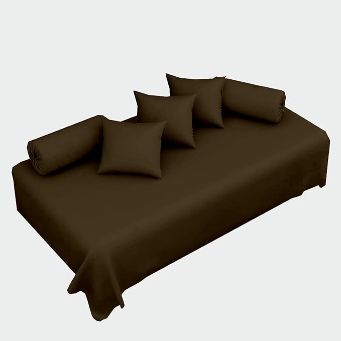 100% Cotton 6-Piece Diwan Set | Single Bedsheet with 5 Cushion Covers & 2 Bolster Covers - Chocolate