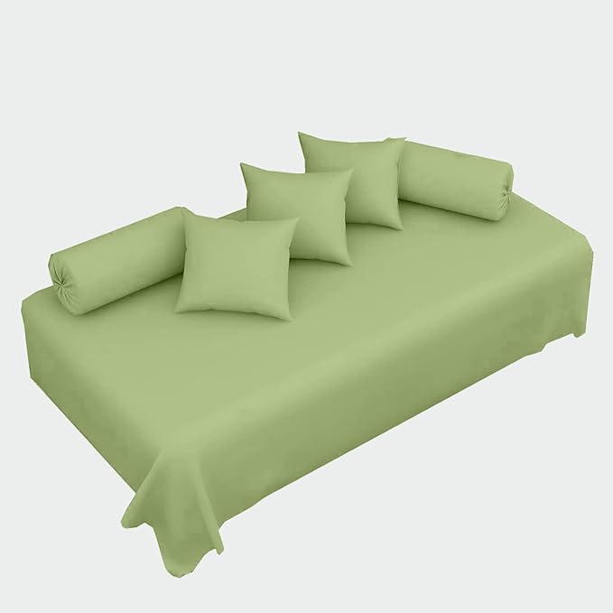 100% Cotton 6-Piece Diwan Set | Single Bedsheet with 5 Cushion Covers & 2 Bolster Covers - Sage