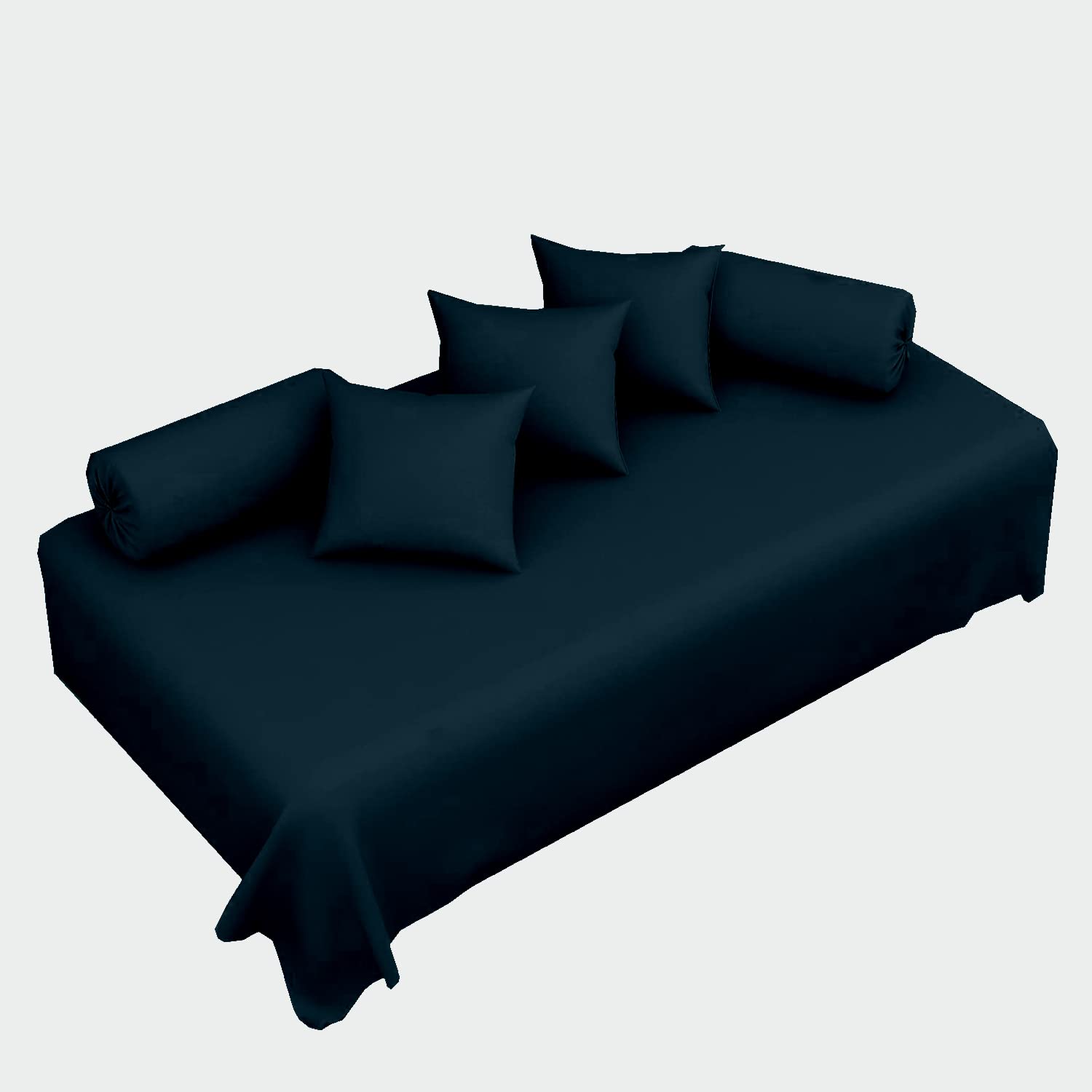 100% Cotton 6-Piece Diwan Set | Single Bedsheet with 5 Cushion Covers & 2 Bolster Covers - Navy Blue