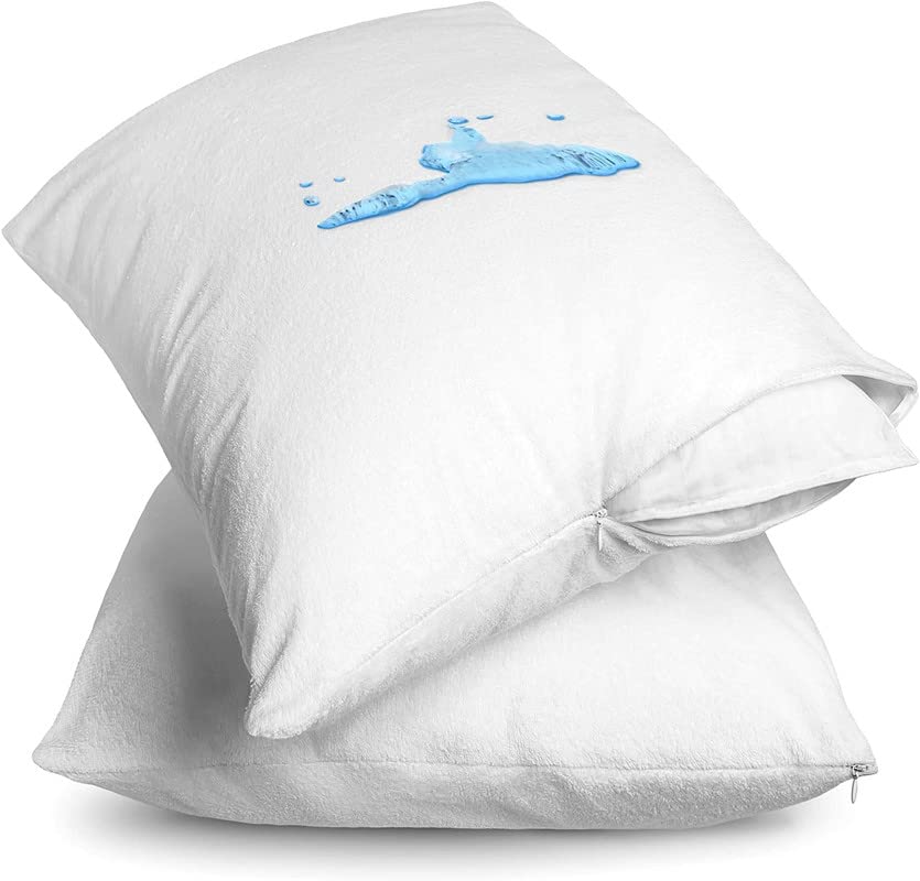 Premium Waterproof Pillow Encasement | Soft Terry Cotton Zippered Protector | Ideal for All Sleepers | White