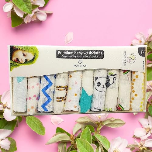 Baby Muslin Washcloths for Newborn | Soft & Reusable | Random Designs | 12×12 Inch Infant Wash Cloth Set - Random Print