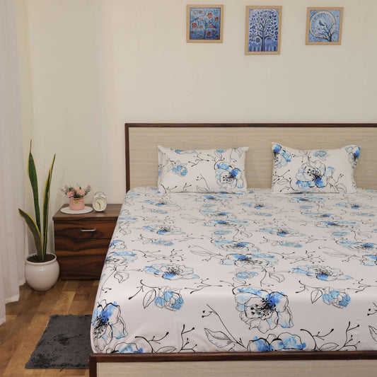 Super Soft Microfiber Fitted Bedsheet | All-Round Elastic | 10-Inch Deep Pocket | Fade, Stain & Wrinkle Resistant | 2 Pillow Covers (Blue Blossom Print)
