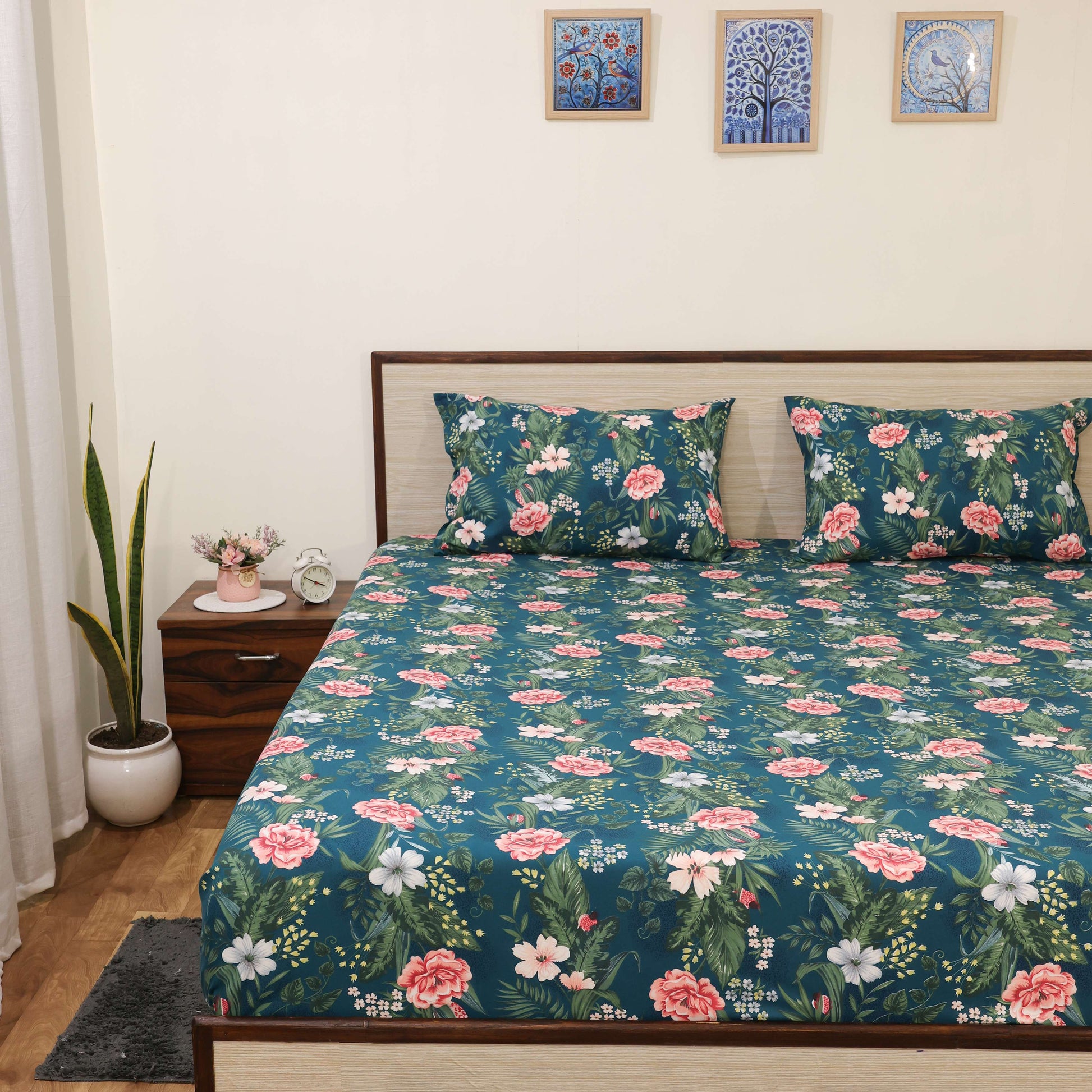 Premium Printed Microfiber All Round Elastic Fitted Bedsheet only| 10 Inch Deep Pocket | Wrinkel Free Bed Cover (Tropical Plant Print)