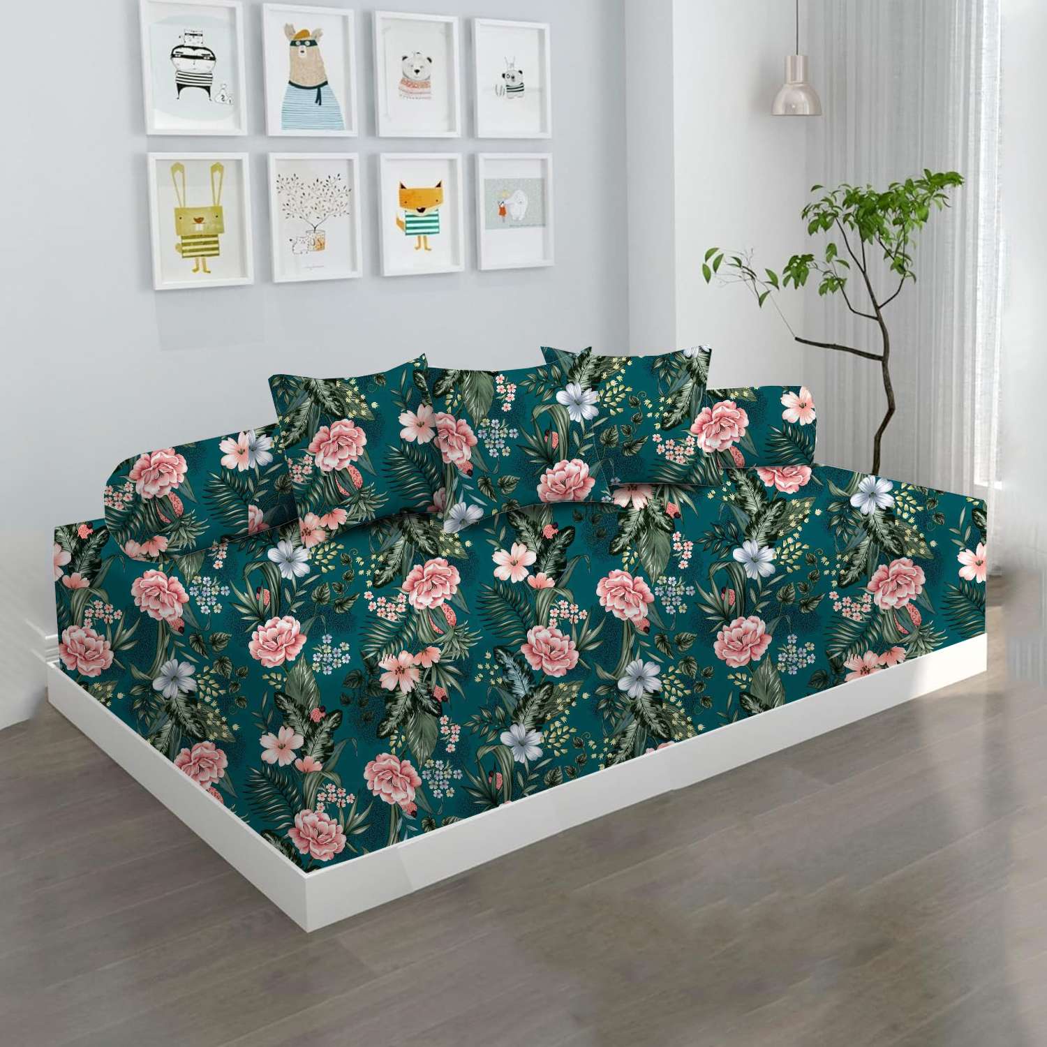 100% Microfiber 6 Pieces Diwan Set - Single bedsheet, 3 Cushions Covers and 2 Bolster Covers ( Diwan Sheet-60 X 90 Inches, Cushion Cover-16 X 16 Inches, Bolster Cover-16 X 32 Inches) (Tropical Plant Print)