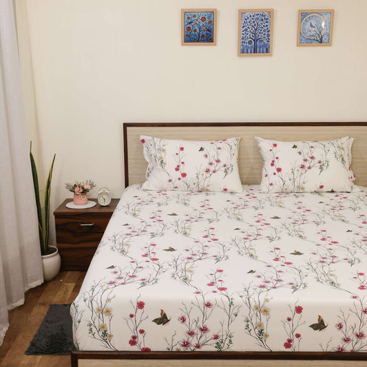 Super Soft Microfiber Fitted Bedsheet | All-Round Elastic | 10-Inch Deep Pocket | Fade, Stain & Wrinkle Resistant | 2 Pillow Covers (Butterfly Bliss Print)