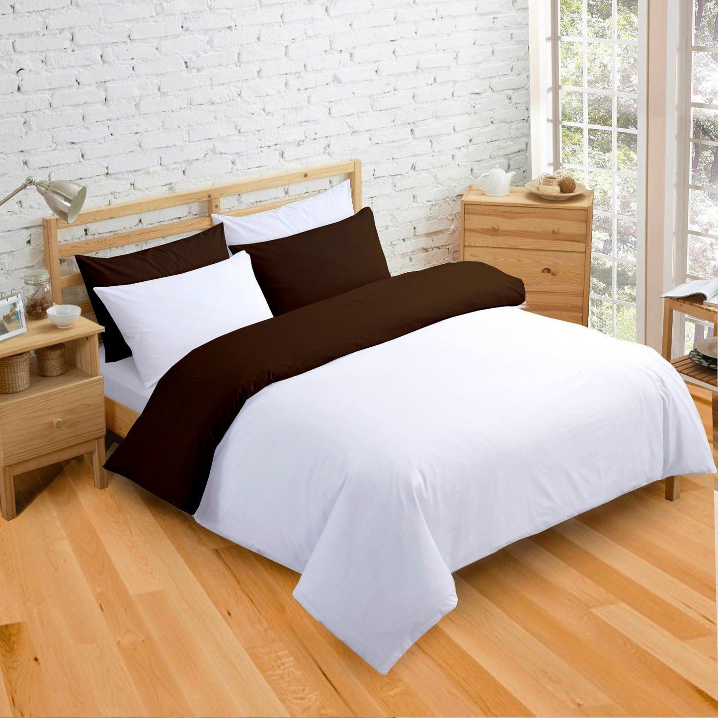 Cotton Reversible Duvet Cover Set | Silky Soft Sateen Weave | Breathable Long Staple Cotton Bedding with Zipper Closure | 3-Piece Set (1 Duvet Cover + 2 Pillowcases) Chocolate/White