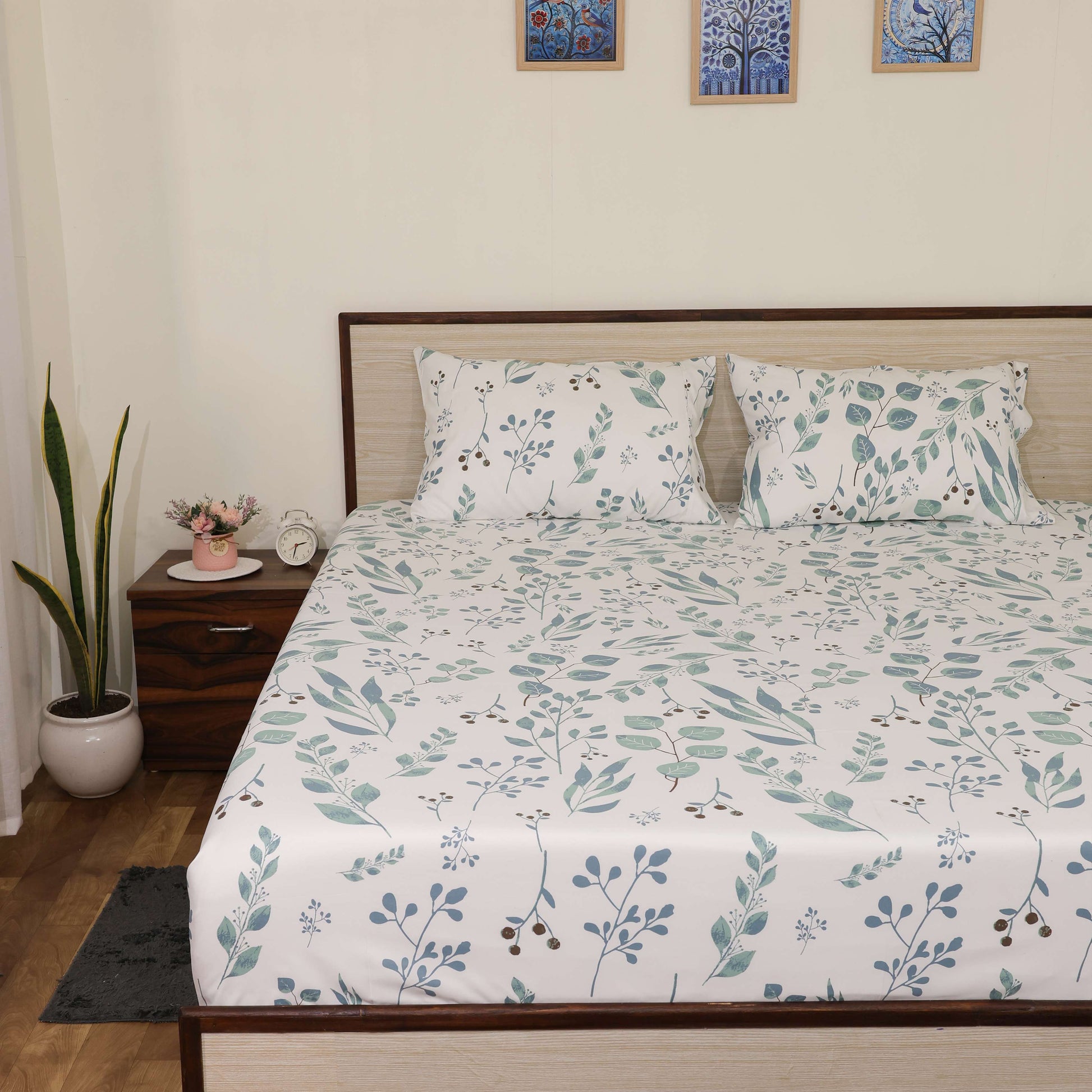 Premium Printed Microfiber All Round Elastic Fitted Bedsheet only| 10 Inch Deep Pocket | Wrinkel Free Bed Cover (Tranquil Green Petals Print)