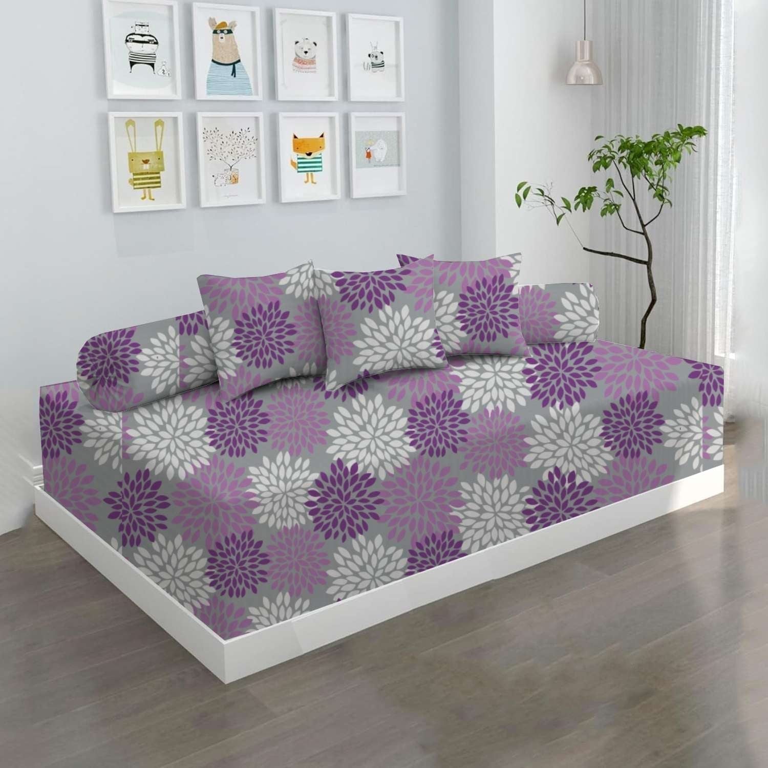 100% Microfiber 6 Pieces Diwan Set - Single bedsheet, 3 Cushions Covers and 2 Bolster Covers ( Diwan Sheet-60 X 90 Inches, Cushion Cover-16 X 16 Inches, Bolster Cover-16 X 32 Inches) (Purple Petals Print)