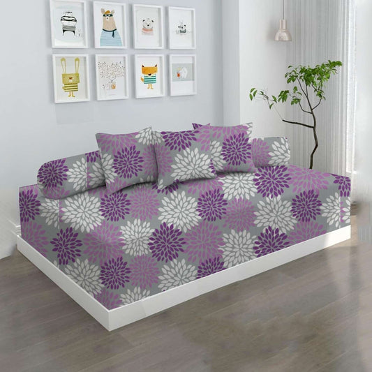100% Microfiber 6 Pieces Diwan Set - Single bedsheet, 3 Cushions Covers and 2 Bolster Covers ( Diwan Sheet-60 X 90 Inches, Cushion Cover-16 X 16 Inches, Bolster Cover-16 X 32 Inches) (Purple Petals Print)
