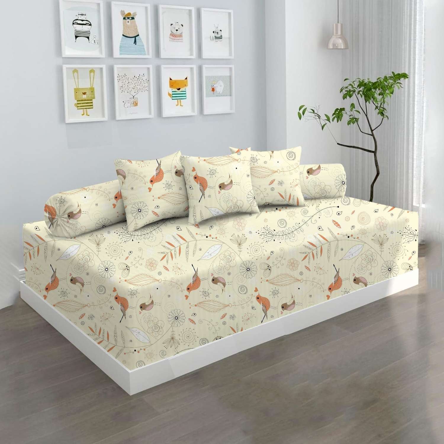 100% Microfiber 6 Pieces Diwan Set - Single bedsheet, 3 Cushions Covers and 2 Bolster Covers ( Diwan Sheet-60 X 90 Inches, Cushion Cover-16 X 16 Inches, Bolster Cover-16 X 32 Inches) (Birdsong Bliss Print)