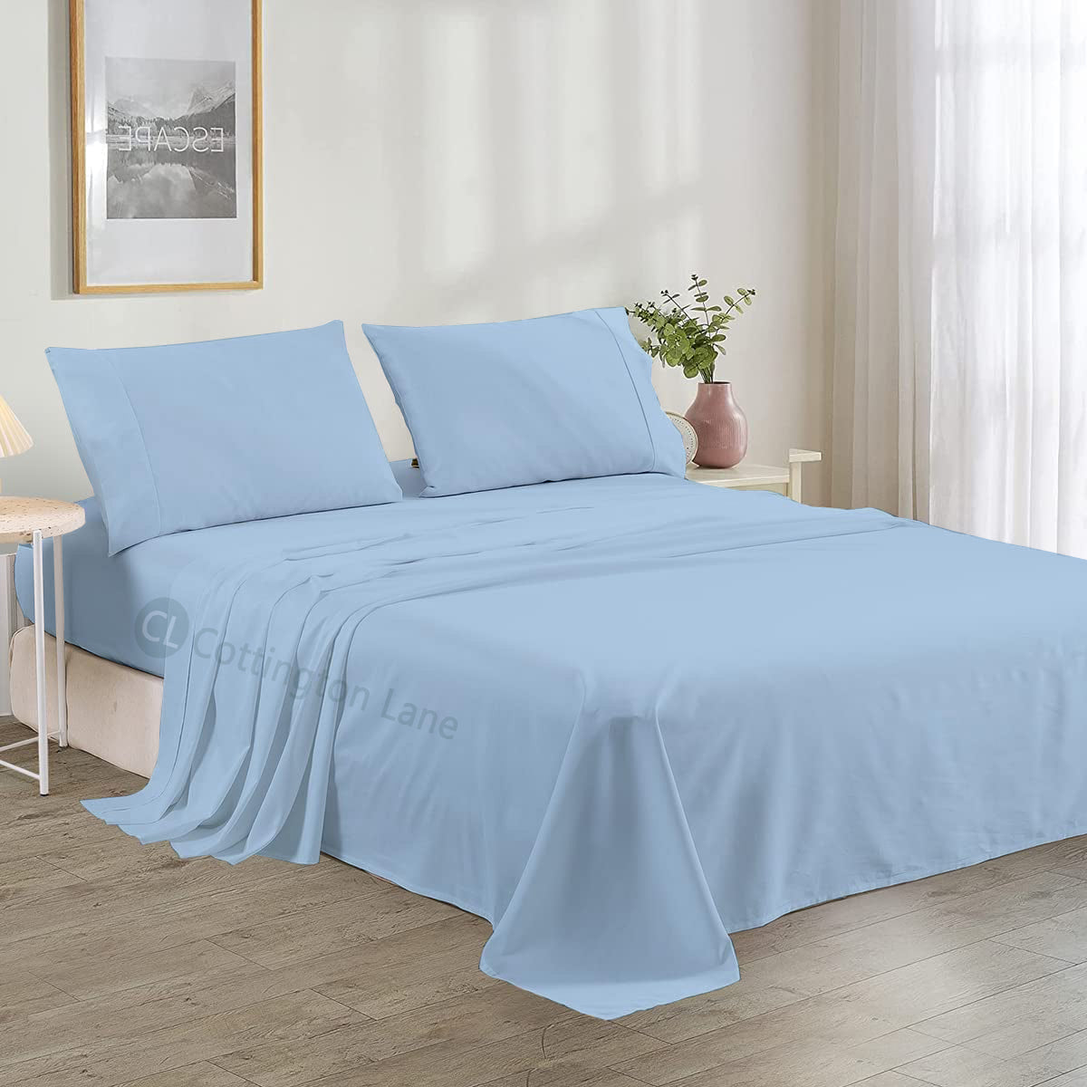 Luxury Microfiber 4-Piece Bedsheet Set | Soft & Breathable | Flat Sheet, Fitted Sheet (10" Deep) & 2 Pillow Covers (Light Blue)