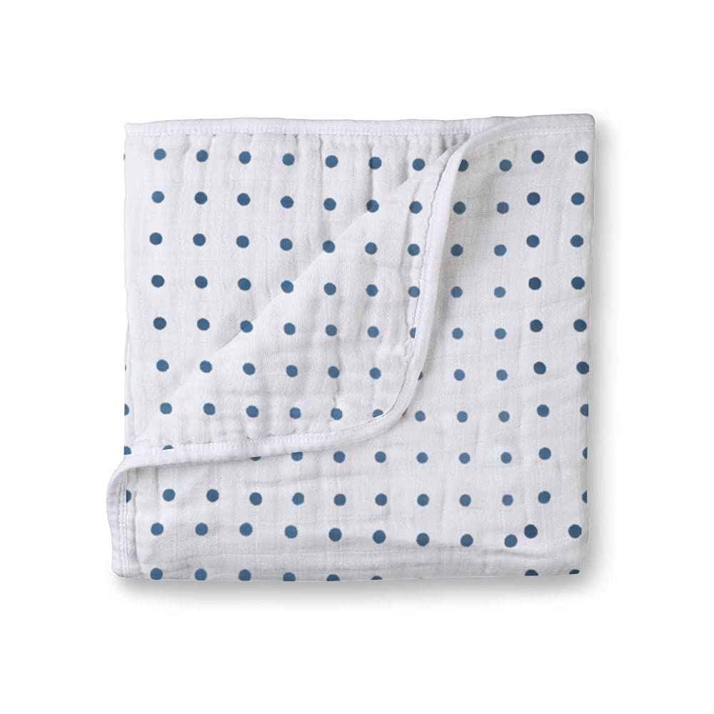 Muslin Cotton 4-Layer Baby Quilt / Dream Blanket | Lightweight Nursery & Crib Blanket for Newborn to 5 Years | For Boys & Girls | 45 x 45 Inch | Baby Shower Gift | Dot Blue