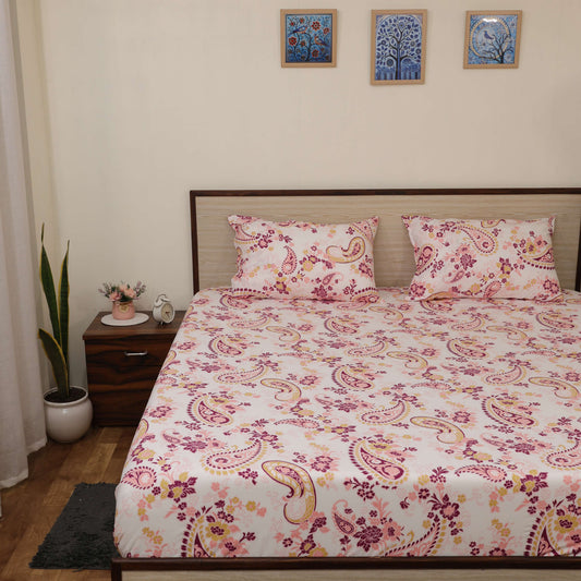 Super Soft Microfiber Fitted Bedsheet | All-Round Elastic | 10-Inch Deep Pocket | Fade, Stain & Wrinkle Resistant | 2 Pillow Covers (Paisley Pink Print)