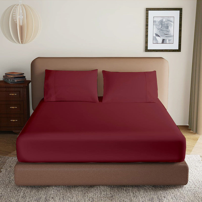 Luxury Microfiber All Round Elastic Fitted Bedsheets with 2 Pillow Covers | 10 Inch Deep Pocket Wrinkle, Fade, Stain Resistant (Burgundy)