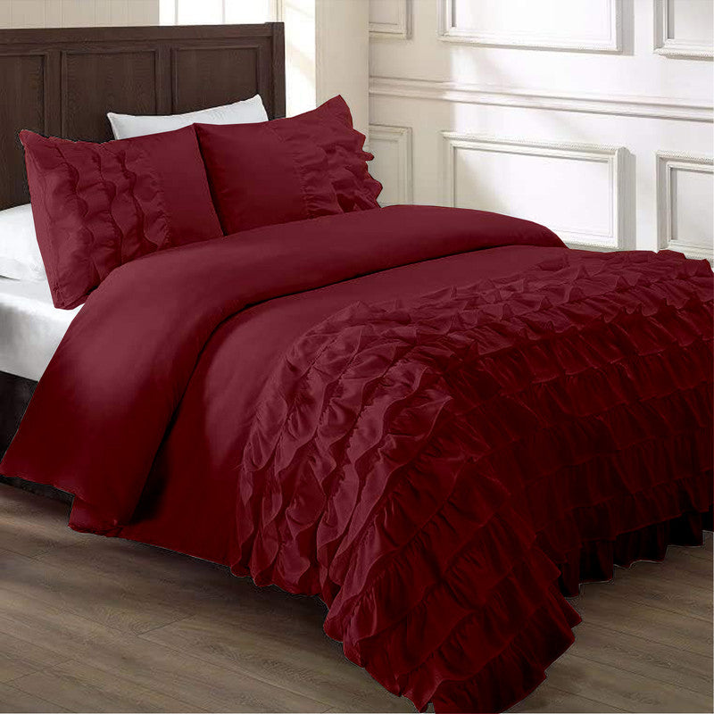 Cotton Waterfall Duvet Cover Set | Silky Soft Sateen Weave | Breathable Long Staple Cotton Bedding with Zipper Closure | 3-Piece Set (1 Duvet Cover + 2 Pillowcases) Burgundy