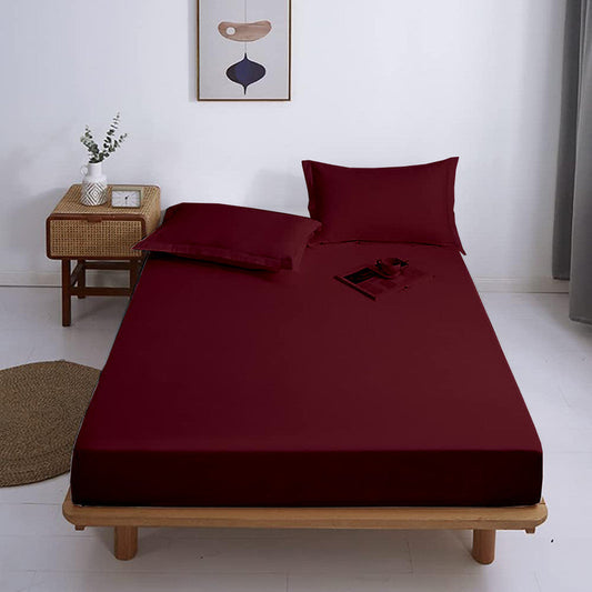 Premium 100% Giza Cotton Fitted Bedsheet with 2 Pillow Covers | All-Round Elastic | 10-Inch Deep Pocket (Burgundy)