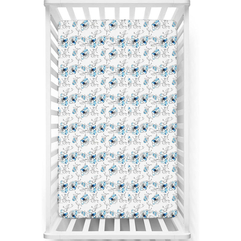 Fitted Cot Crib Sheet | Microfiber Bed Sheets for Newborn Baby Crib Mattress | Deep Pocket All Round Elastic Fitted Crib Sheet for Baby (Blue Blossom)