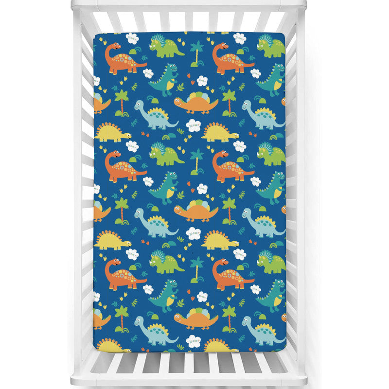 1 Piece Premium Quality Crib Fitted Sheet Only - 100% Cotton Crib Sheet for Standard Crib and Toddler Mattresses, Boys, Girls, Unisex - Blue-Dinosaur