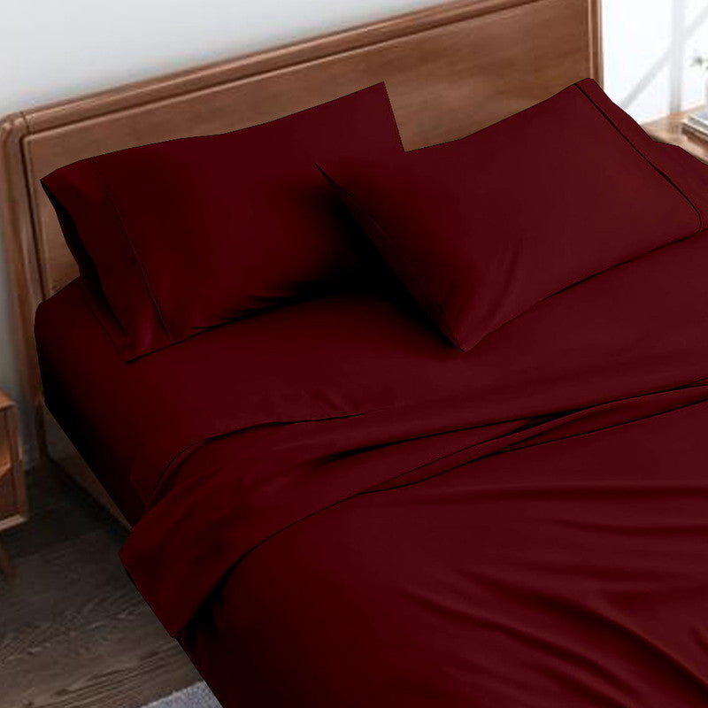 Premium 100% Cotton Flat Bedsheet with 2 Pillow Covers | 400 TC Super Soft & Cooling Luxury Hotel Sheet | 3-Piece Chadar Set (Burgundy)