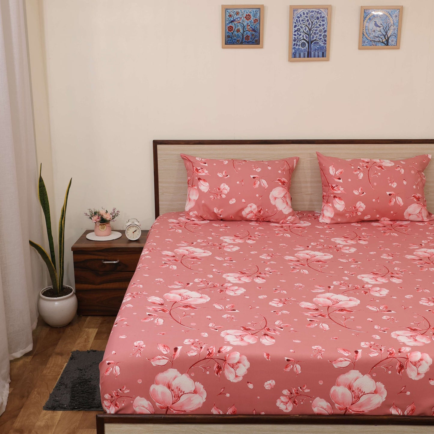 Luxury 1800 Brushed Microfiber 4PCs Printed Bedsheet chadar Set - Soft and Breathable - 1 Flat Sheet, 1 Fitted Sheet with 2 Pillow Cover - 10" Drop (Flora Bloom Print)