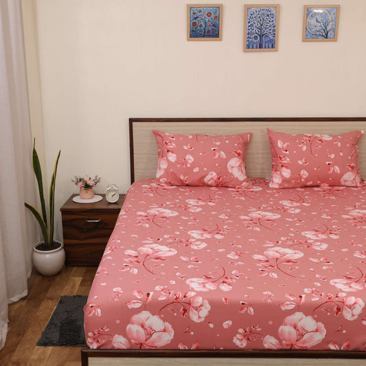 Super Soft Microfiber Fitted Bedsheet | All-Round Elastic | 10-Inch Deep Pocket | Fade, Stain & Wrinkle Resistant | 2 Pillow Covers (Flora Bloom Print)